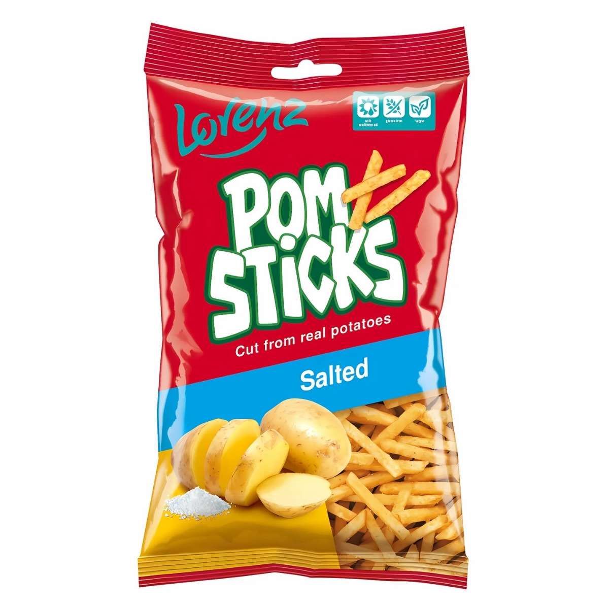 A red snack pack of Lorenz Pom Sticks Salted (85g) showcases tempting images of sliced potatoes and crunchy potato sticks. A red snack pack of Lorenz Pom Sticks Salted (85g) showcases tempting images of sliced potatoes and crunchy potato sticks.