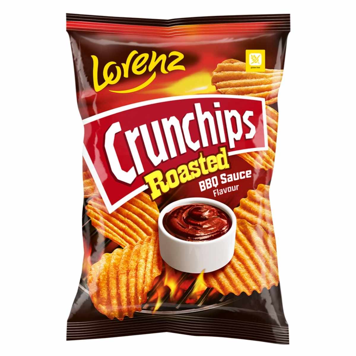 The packaging of Lorenz Crunchchips Roasted BBQ Sauce Flavour Crisps (120g) features wavy, crunchy chips and mouthwatering barbecue sauce, enticing you to enjoy their delicious taste. The packaging of Lorenz Crunchchips Roasted BBQ Sauce Flavour Crisps (120g) features wavy, crunchy chips and mouthwatering barbecue sauce, enticing you to enjoy their delicious taste.