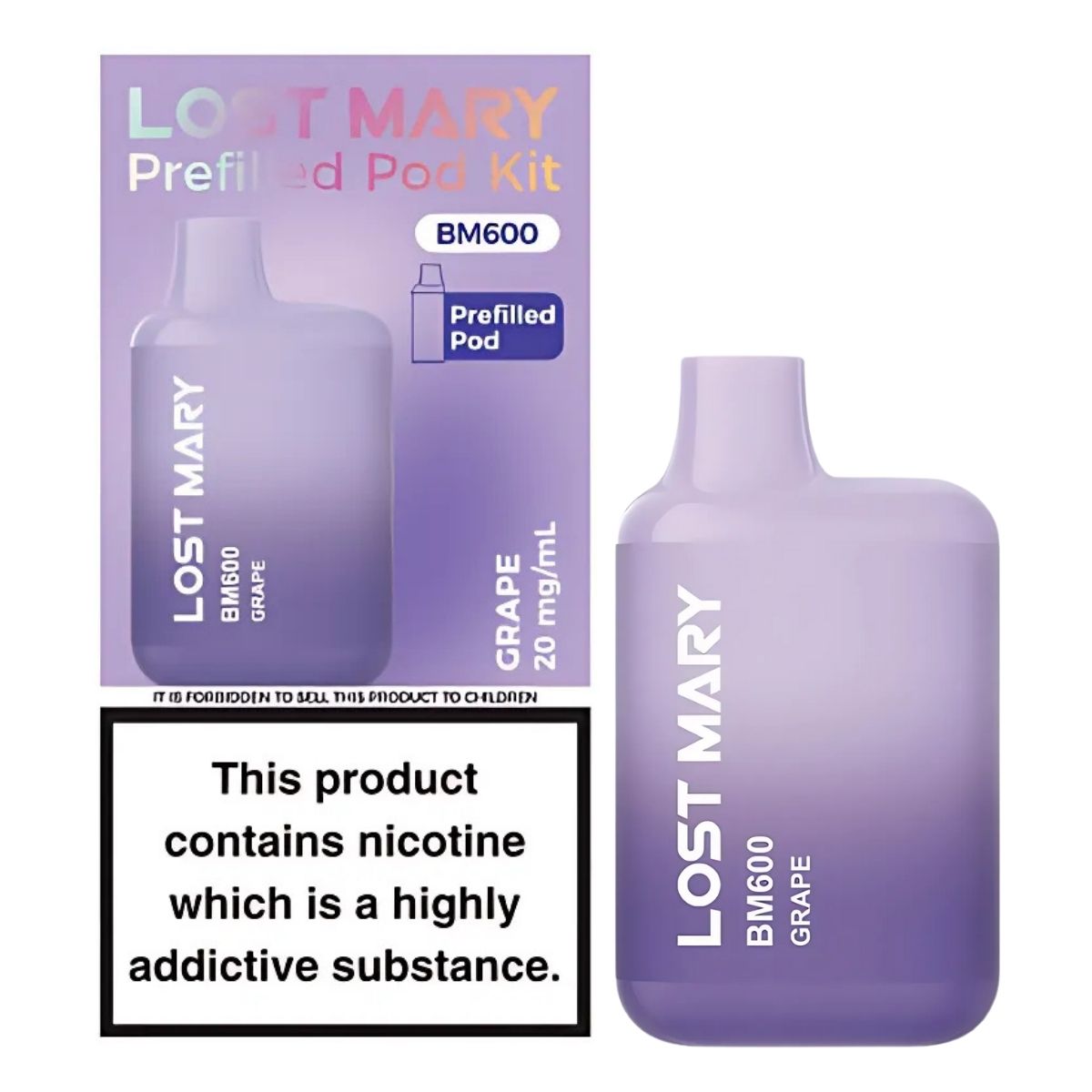 The Lost Mary - Grape BM600 Prefilled Pod Vape Kit - 20mg/mL is shown in front of its box with a nicotine warning label and delivers smooth hits with Nicotine Salt for a satisfying vaping experience. The Lost Mary - Grape BM600 Prefilled Pod Vape Kit - 20mg/mL is shown in front of its box with a nicotine warning label and delivers smooth hits with Nicotine Salt for a satisfying vaping experience.