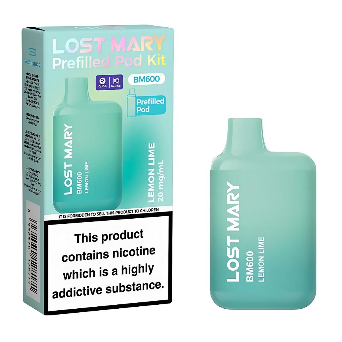 A Lost Mary - Lemon Lime BM600 Prefilled Pod Vape Kit (20mg/mL) with its packaging, including a nicotine warning label and product details. A Lost Mary - Lemon Lime BM600 Prefilled Pod Vape Kit (20mg/mL) with its packaging, including a nicotine warning label and product details.