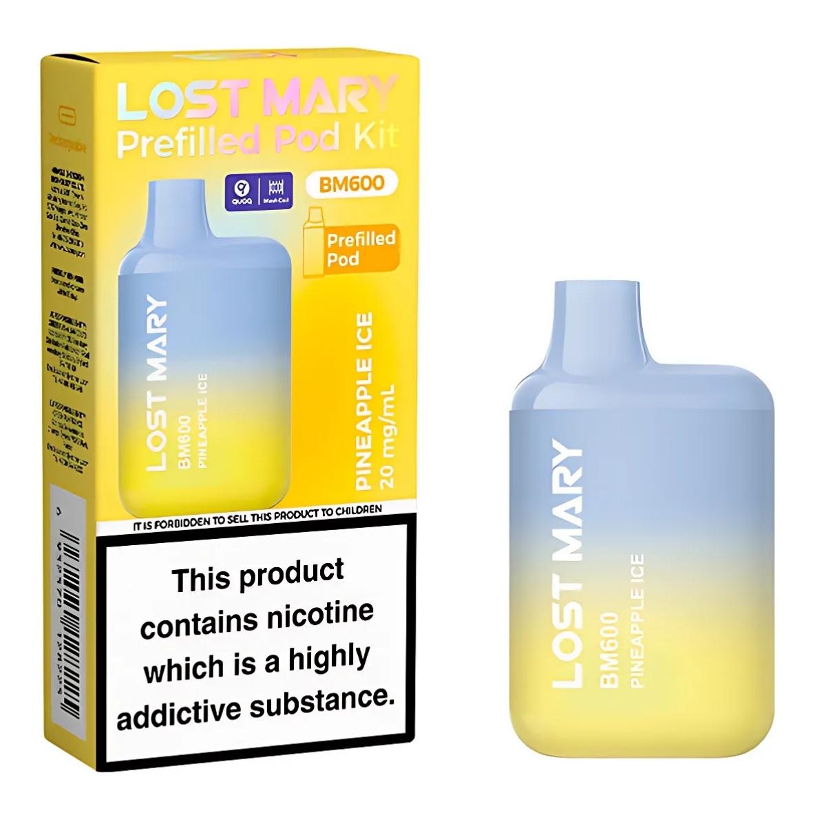 Lost Mary - Pineapple Ice BM600 Prefilled Pod Vape Kit (20mg/mL Nic Salt) shown beside its packaging, which displays a nicotine warning label. Lost Mary - Pineapple Ice BM600 Prefilled Pod Vape Kit (20mg/mL Nic Salt) shown beside its packaging, which displays a nicotine warning label.