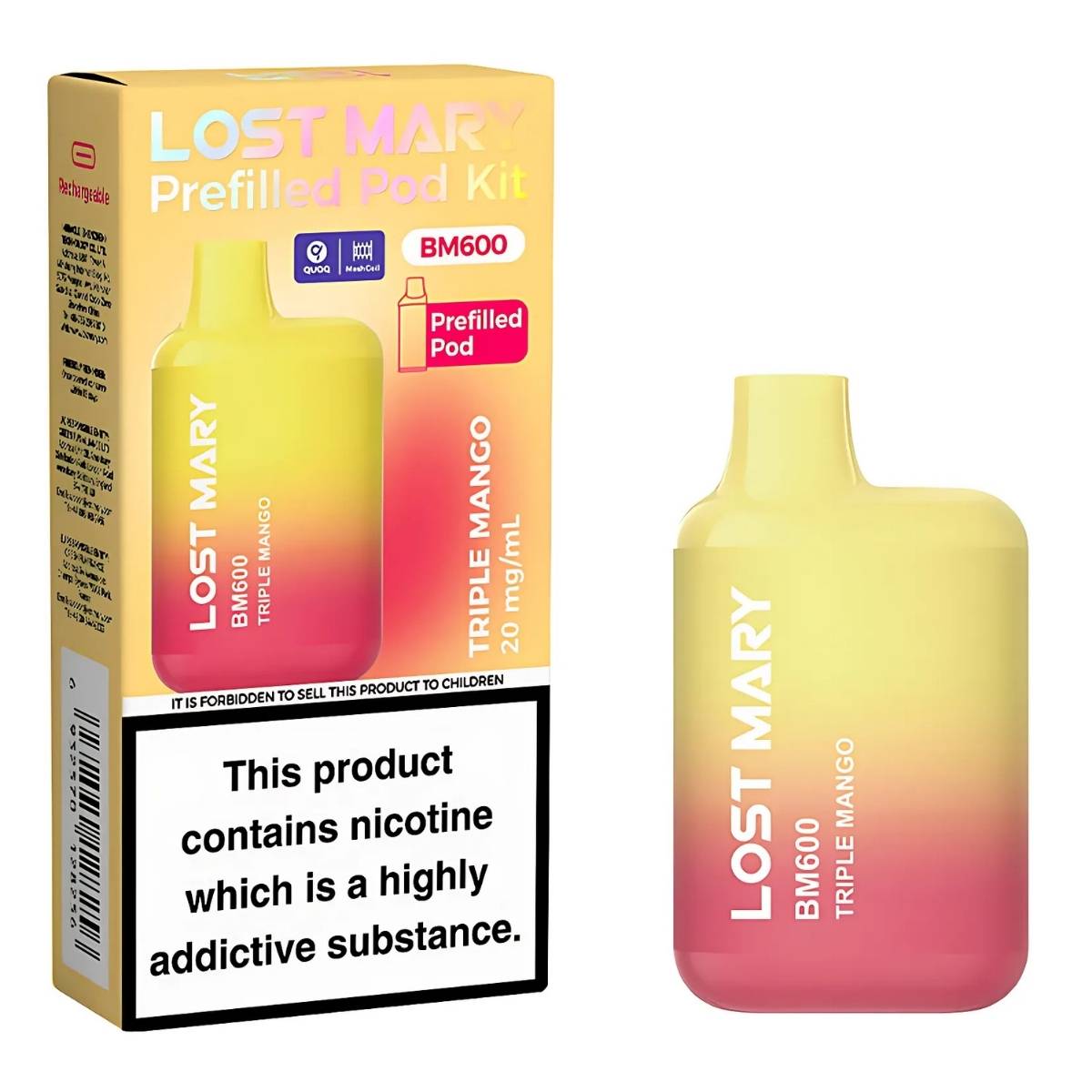 A Lost Mary - Triple Mango BM600 Prefilled Pod Vape Kit - mg/mL is displayed beside its box, which features a nicotine addiction warning label on the front. A Lost Mary - Triple Mango BM600 Prefilled Pod Vape Kit - mg/mL is displayed beside its box, which features a nicotine addiction warning label on the front.