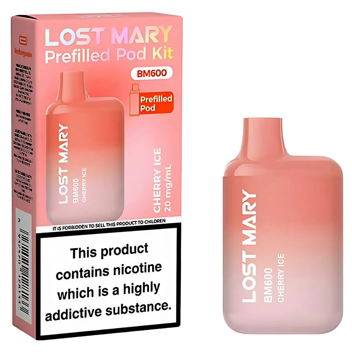 A Lost Mary - Cherry Ice BM600 Prefilled Pod Vape Kit (20mg/mL) with packaging, featuring a nicotine warning label and product details. A Lost Mary - Cherry Ice BM600 Prefilled Pod Vape Kit (20mg/mL) with packaging, featuring a nicotine warning label and product details.