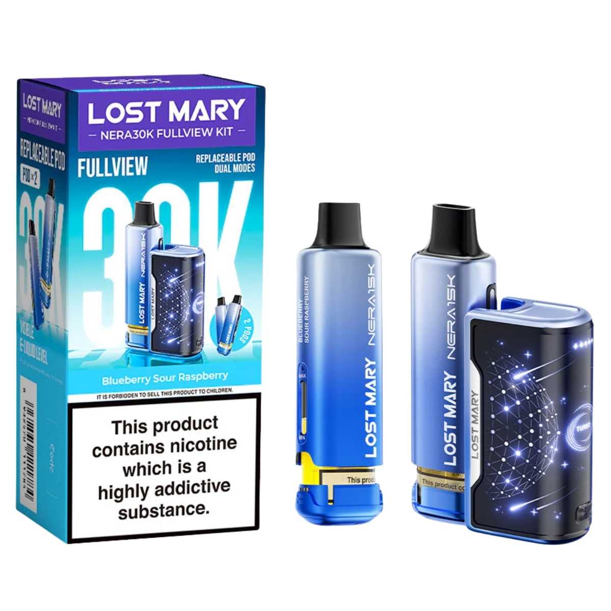 The Lost Mary - NERA 30K Blueberry Sour Raspberry Prefilled Pod Vape Kit (20mg/mL) comes in Fullview packaging with a box warning: contains highly addictive nicotine. Three blue vapes are labeled "Blueberry Sour Raspberry. The Lost Mary - NERA 30K Blueberry Sour Raspberry Prefilled Pod Vape Kit (20mg/mL) comes in Fullview packaging with a box warning: contains highly addictive nicotine. Three blue vapes are labeled "Blueberry Sour Raspberry.