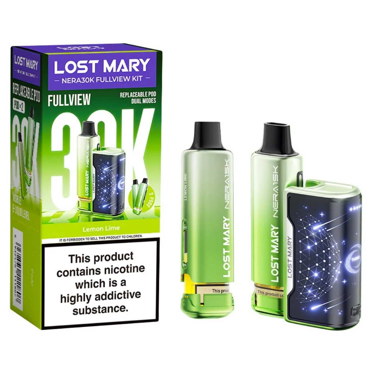 Lost Mary - NERA 30K Lemon Lime Prefilled Pod Vape Kit - 20mg/mL, shown with product box featuring nicotine warning and three device views. Lost Mary - NERA 30K Lemon Lime Prefilled Pod Vape Kit - 20mg/mL, shown with product box featuring nicotine warning and three device views.