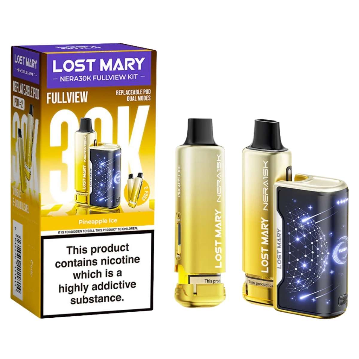 Lost Mary - NERA 30K Pineapple Ice Prefilled Pod Vape Kit (20mg/mL) features product packaging, two pods, device with blue star pattern, and USB Type-C charging. Warning: Contains nicotine salt. Lost Mary - NERA 30K Pineapple Ice Prefilled Pod Vape Kit (20mg/mL) features product packaging, two pods, device with blue star pattern, and USB Type-C charging. Warning: Contains nicotine salt.