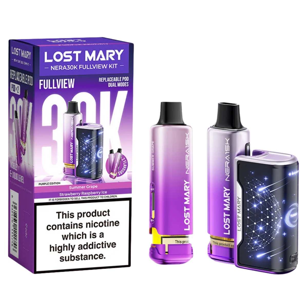 Three Lost Mary - NERA 30K Purple Edition Prefilled Pod Vape Kits (20mg/mL) with packaging display a nicotine warning: contains Nicotine Salt, a highly addictive substance. Three Lost Mary - NERA 30K Purple Edition Prefilled Pod Vape Kits (20mg/mL) with packaging display a nicotine warning: contains Nicotine Salt, a highly addictive substance.