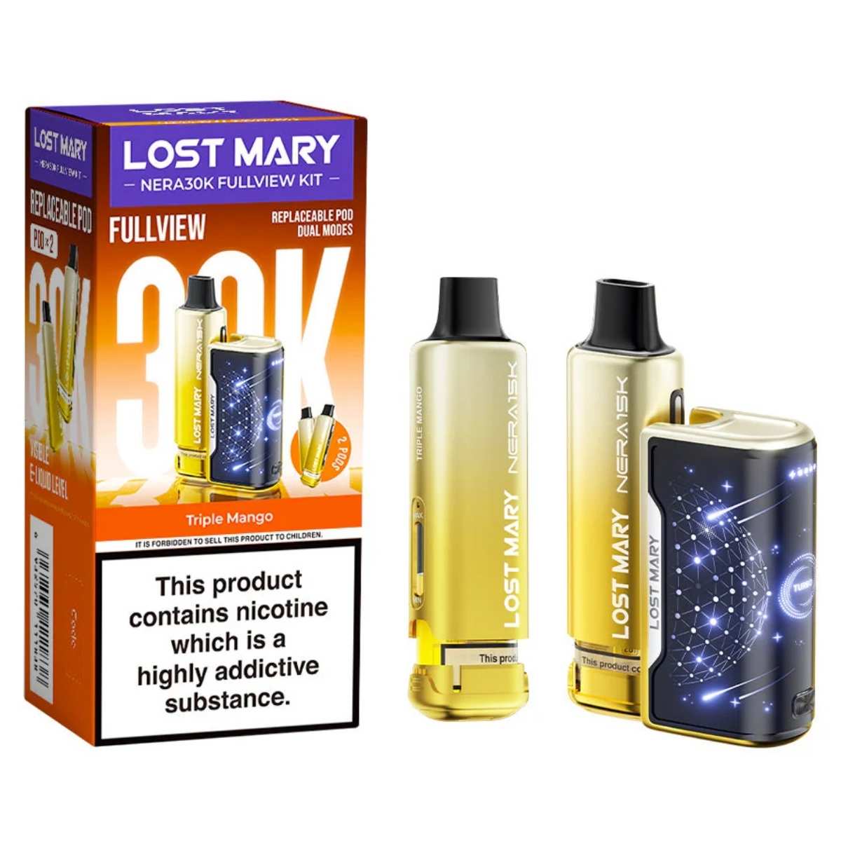 A Lost Mary - NERA 30K Triple Mango Prefilled Pod Vape Kit box and three gold-colored devices are displayed. The packaging highlights the Triple Mango flavor, 20mg/mL strength, and includes a nicotine addiction warning. A Lost Mary - NERA 30K Triple Mango Prefilled Pod Vape Kit box and three gold-colored devices are displayed. The packaging highlights the Triple Mango flavor, 20mg/mL strength, and includes a nicotine addiction warning.