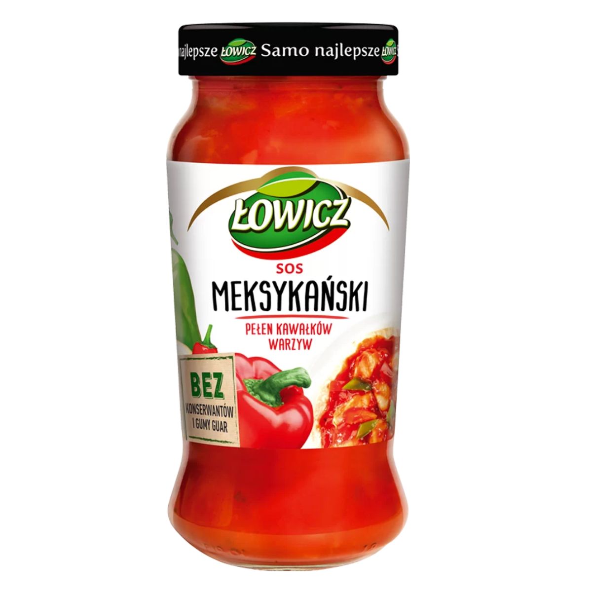 A jar of Lowicz - Mexican Sauce for Spaghetti - 500g with pictures of tomatoes and chili peppers on the label, highlighting no preservatives.