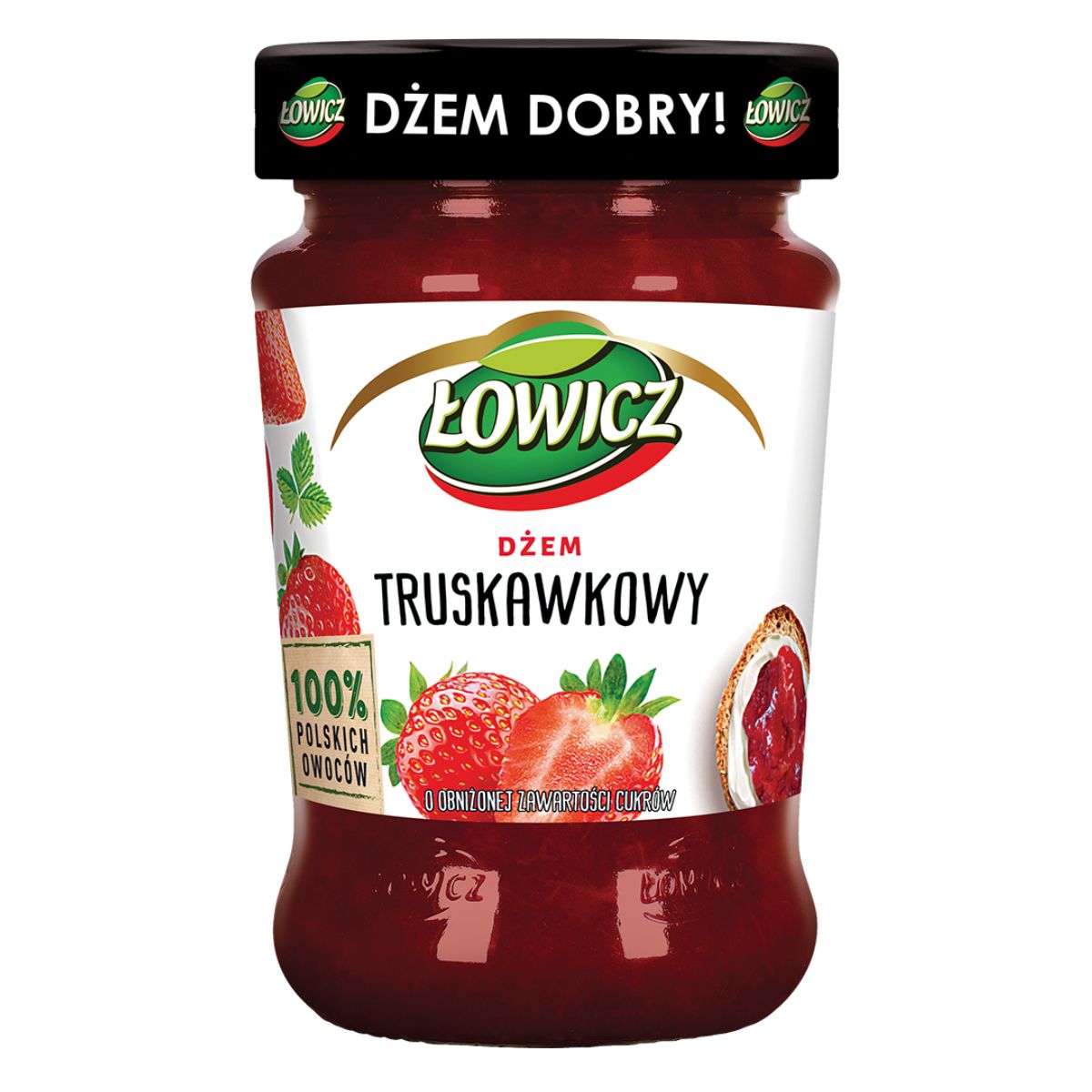A Lowicz Strawberry Jam on a white background.