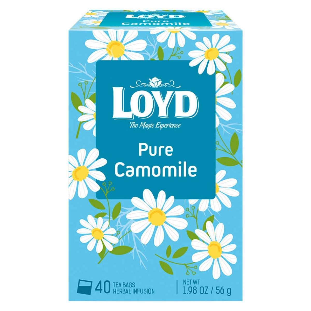 Loyd Pure Camomile Tea features a calming blend in a 56g box with 40 tea bags, adorned with chamomile flowers on a blue background. Loyd Pure Camomile Tea features a calming blend in a 56g box with 40 tea bags, adorned with chamomile flowers on a blue background.