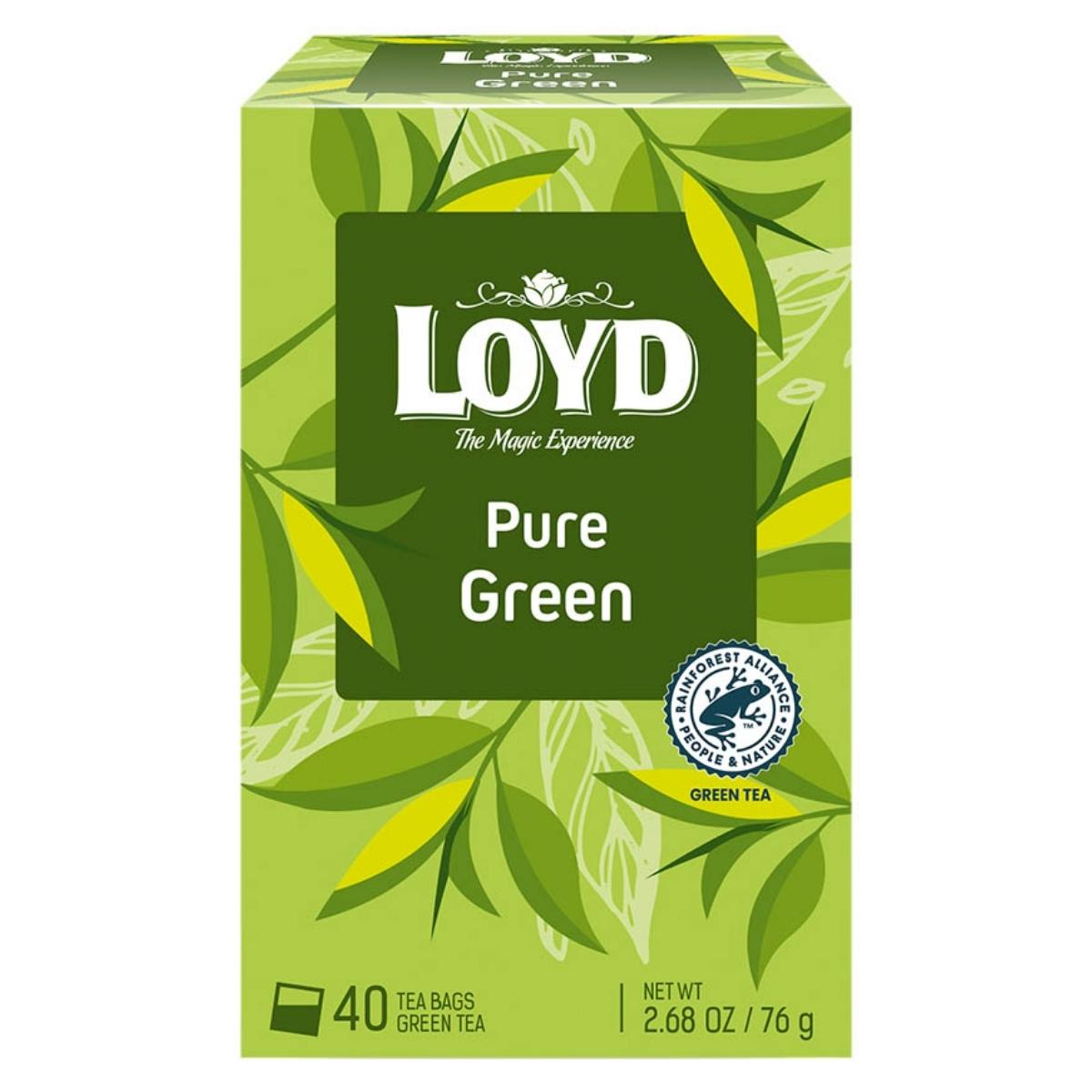 Experience a refreshing taste with Loyd - Pure Green Tea, crafted from the finest green tea leaves and presented in a green box containing 40 expertly blended tea bags. Experience a refreshing taste with Loyd - Pure Green Tea, crafted from the finest green tea leaves and presented in a green box containing 40 expertly blended tea bags.
