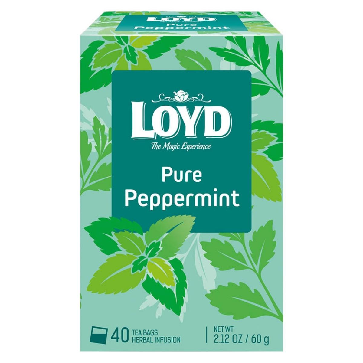 The Loyd Pure Peppermint Tea comes in a green and white box containing 40 tea bags, each crafted to offer a refreshing taste from pure peppermint leaves and featuring an elegant leaf design. The Loyd Pure Peppermint Tea comes in a green and white box containing 40 tea bags, each crafted to offer a refreshing taste from pure peppermint leaves and featuring an elegant leaf design.