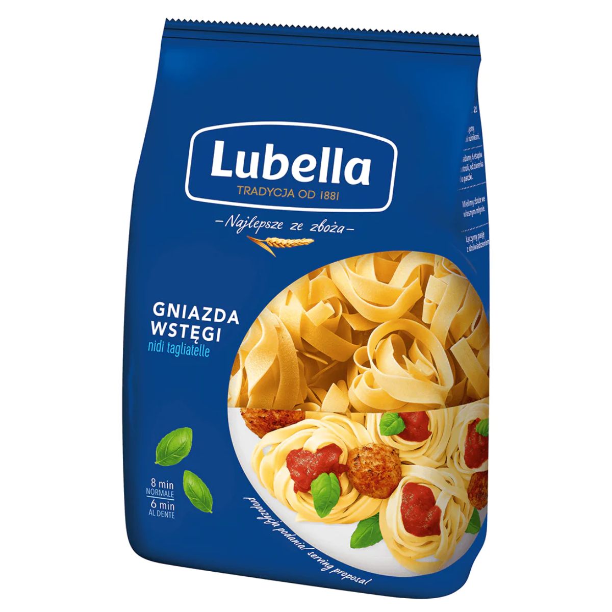 A blue 400g pack of Lubella Gniazda Wstegi Tagliatelle, displaying ribbon-shaped pasta with tomato sauce and basil on the front. A blue 400g pack of Lubella Gniazda Wstegi Tagliatelle, displaying ribbon-shaped pasta with tomato sauce and basil on the front.