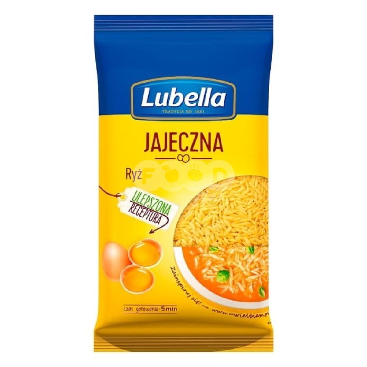 A package of Lubella - Jajeczna Pasta - 250g noodles, featuring images of eggs and a bowl of noodle soup, with Polish text.