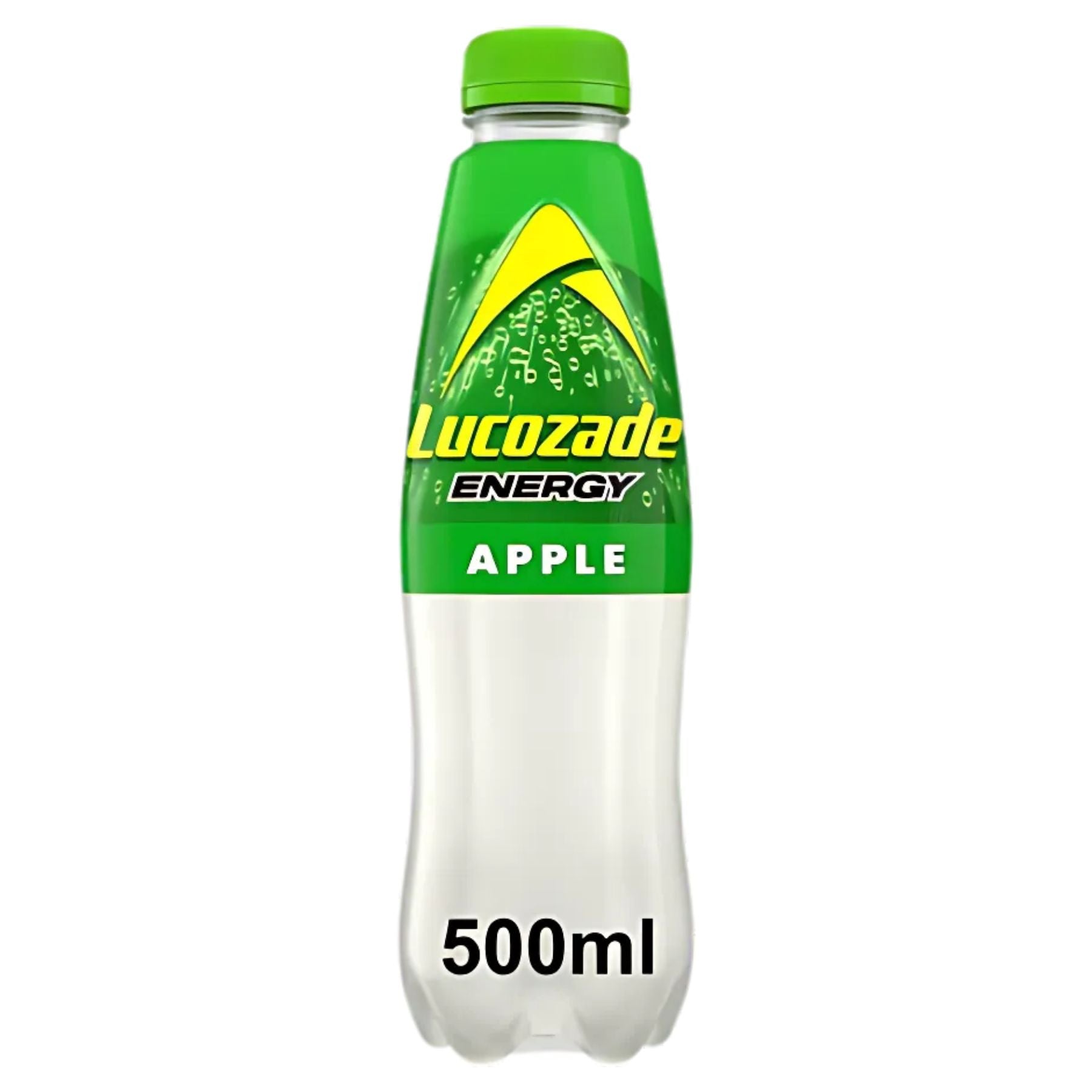 A 500ml bottle of Lucozade - Energy Apple Blast, featuring a green cap and label, perfect for a quick energy boost. A 500ml bottle of Lucozade - Energy Apple Blast, featuring a green cap and label, perfect for a quick energy boost.