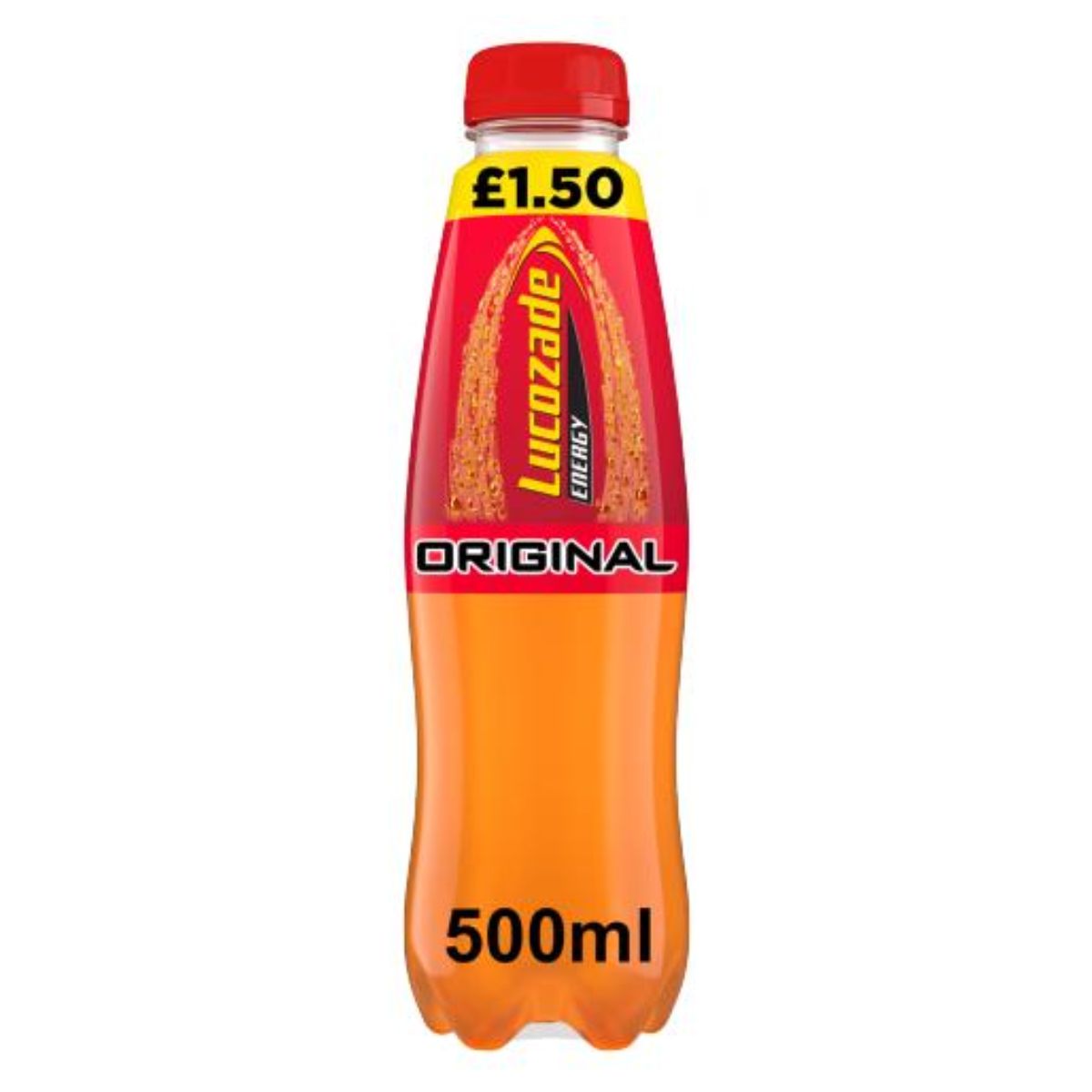 A Lucozade - Energy Drink Original - 500ml bottle with a price tag of £1.50. A Lucozade - Energy Drink Original - 500ml bottle with a price tag of £1.50.