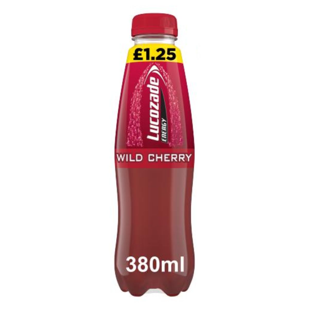 A bottle of Lucozade - Energy Drink Wild Cherry - 380ml. A bottle of Lucozade - Energy Drink Wild Cherry - 380ml.