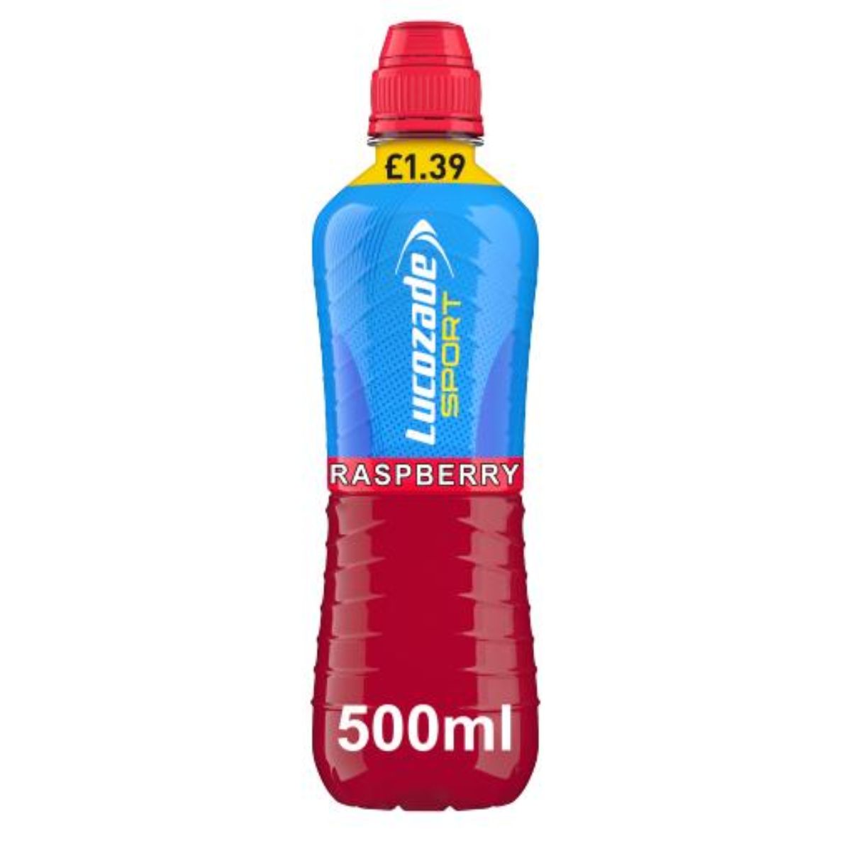 A bottle of Lucozade - Sport Drink Raspberry - 500ml on a white background.