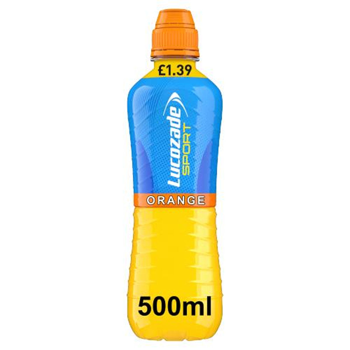 A bottle of Lucozade - Sport Drink Orange - 500ml on a white background.