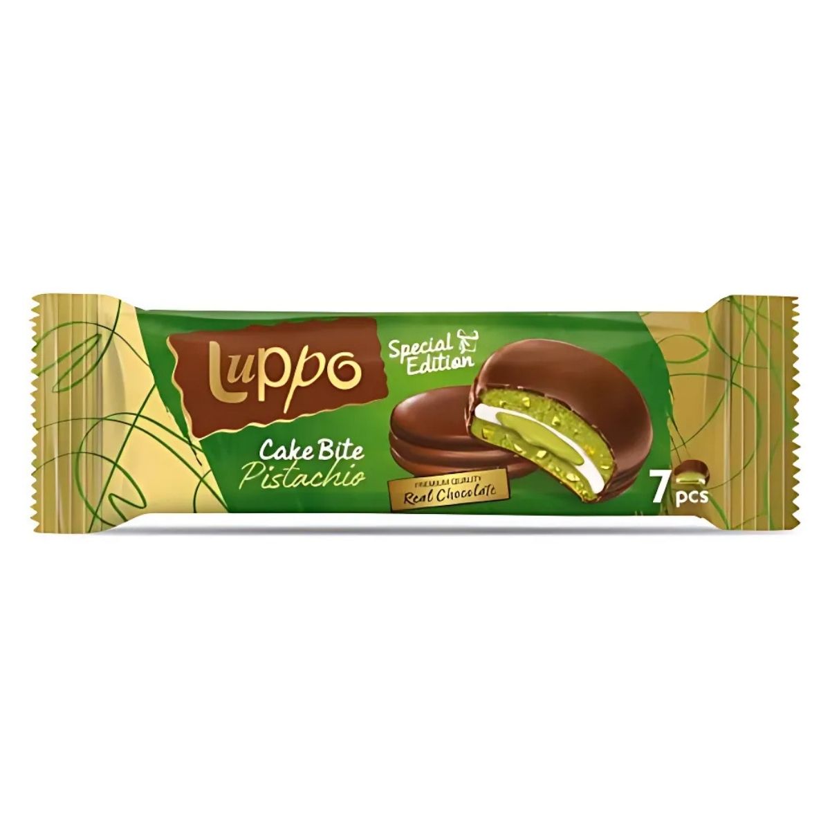Indulge your sweet cravings with Luppo - Chocolate & Pistachio Cake Bites. Each pack has 7 pieces of delicious chocolate-coated cake filled with rich green pistachio, offering satisfyingly sweet goodness. Indulge your sweet cravings with Luppo - Chocolate & Pistachio Cake Bites. Each pack has 7 pieces of delicious chocolate-coated cake filled with rich green pistachio, offering satisfyingly sweet goodness.