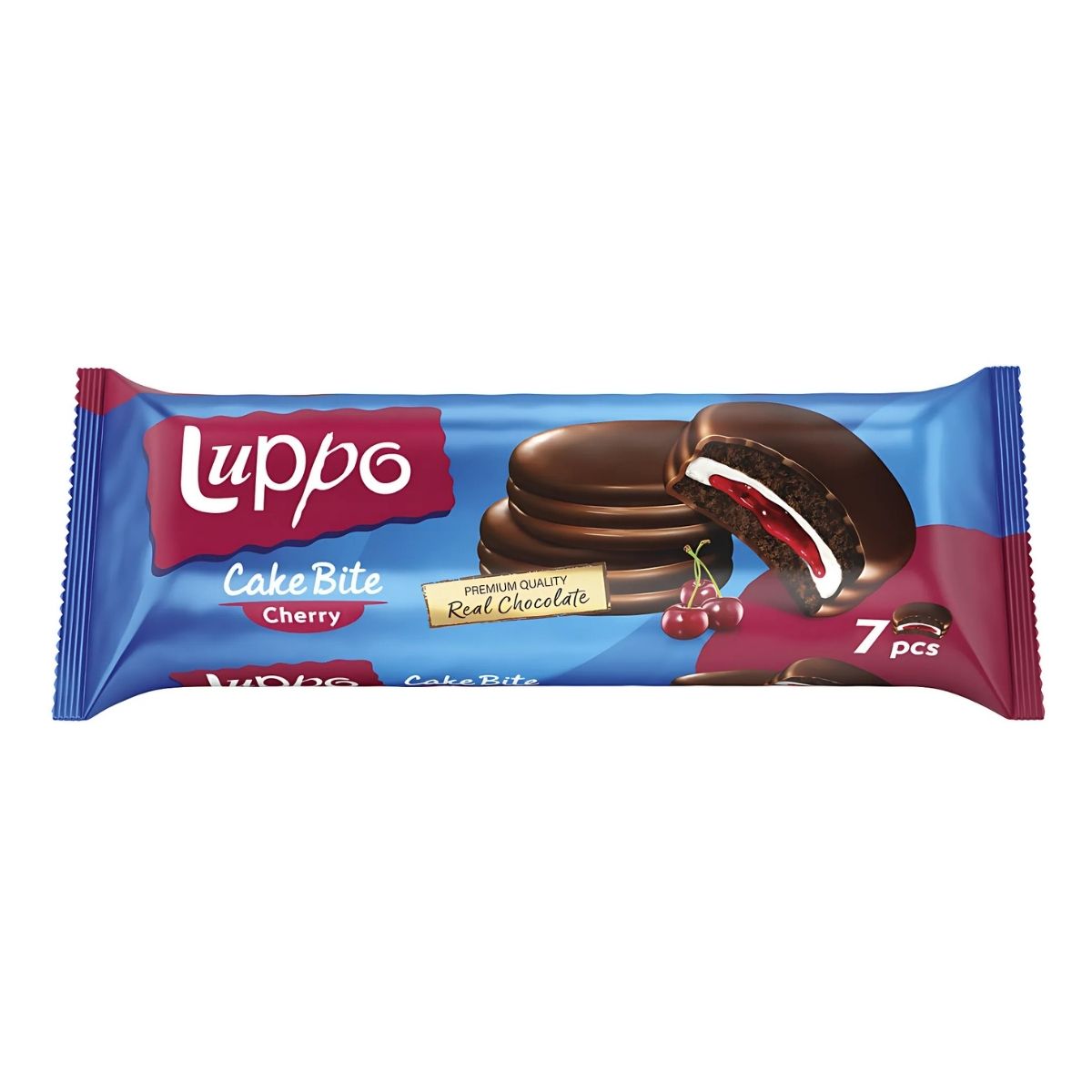 A package of Luppo - Milk Chocolate Coated Marshmallow With Cherry Marmalade (182g), featuring images of marshmallow treats with cherry marmalade filling and a milk chocolate coating; contains 7 pieces. A package of Luppo - Milk Chocolate Coated Marshmallow With Cherry Marmalade (182g), featuring images of marshmallow treats with cherry marmalade filling and a milk chocolate coating; contains 7 pieces.