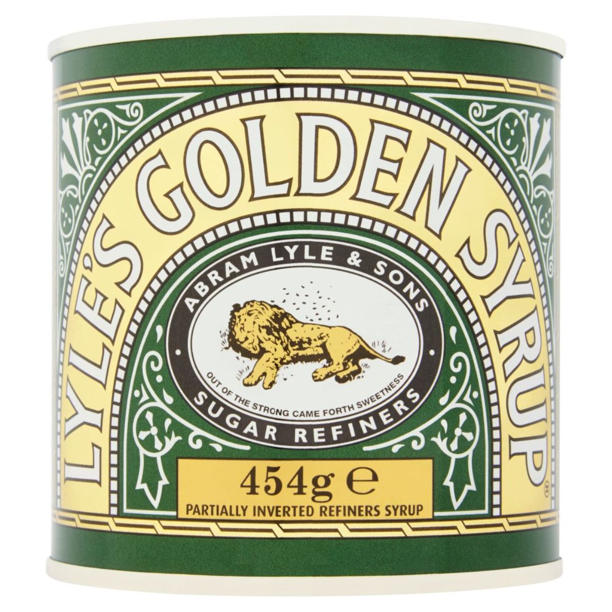 A tin of Lyle's - Golden Syrup - 454g featuring vintage-style green and gold packaging with a lion logo.