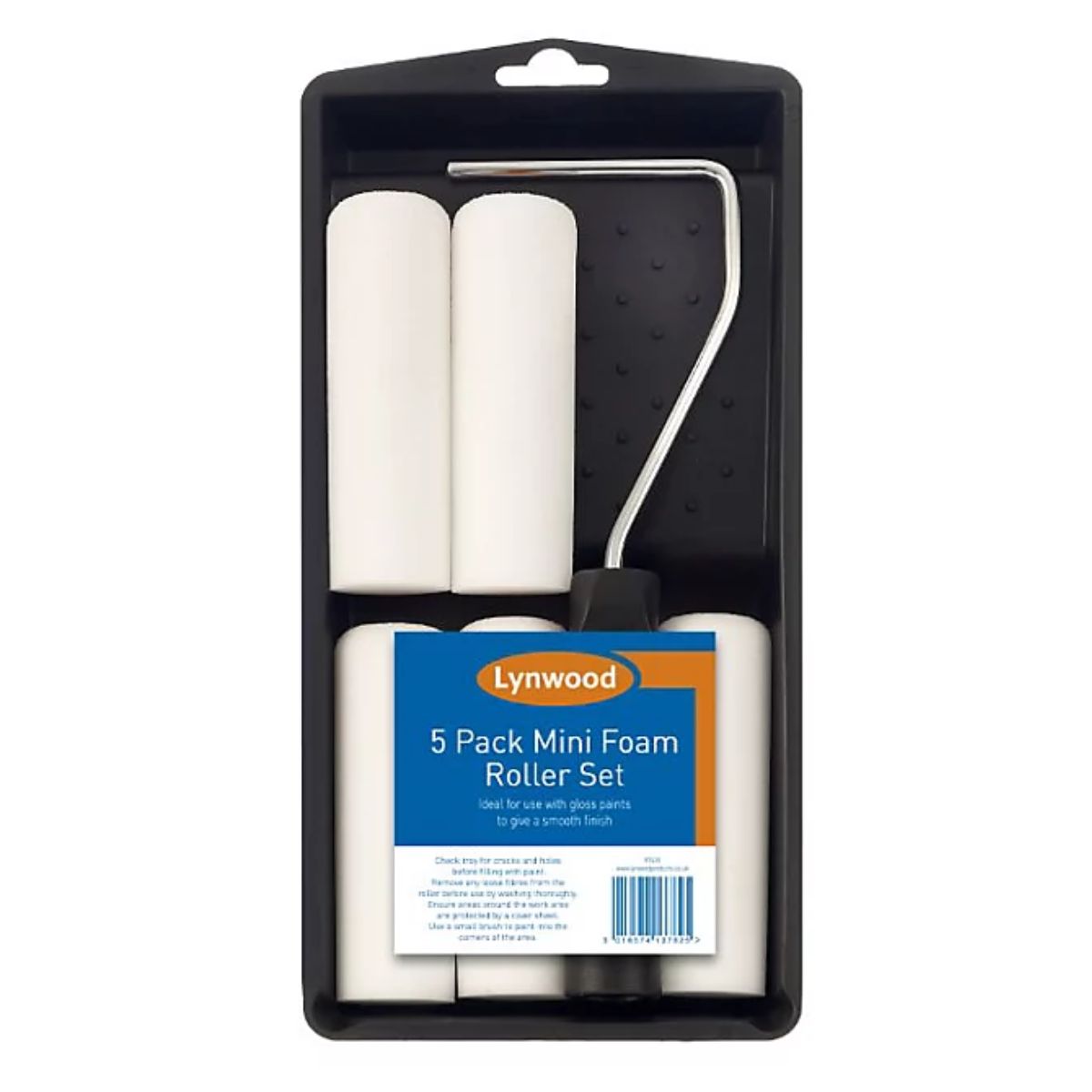 A Lynwood - 4 inch 5 Pack Mini Gloss Foam Roller Tray Set for painting, displayed in packaging. A Lynwood - 4 inch 5 Pack Mini Gloss Foam Roller Tray Set for painting, displayed in packaging.