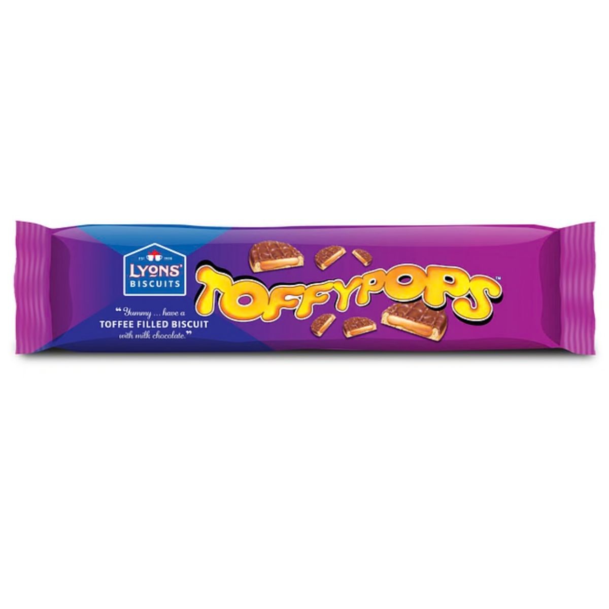A purple packet of Lyons - Toffypops Biscuits - 120g contains crunchy biscuits topped with chewy toffee and enrobed in a rich chocolate coating. A purple packet of Lyons - Toffypops Biscuits - 120g contains crunchy biscuits topped with chewy toffee and enrobed in a rich chocolate coating.