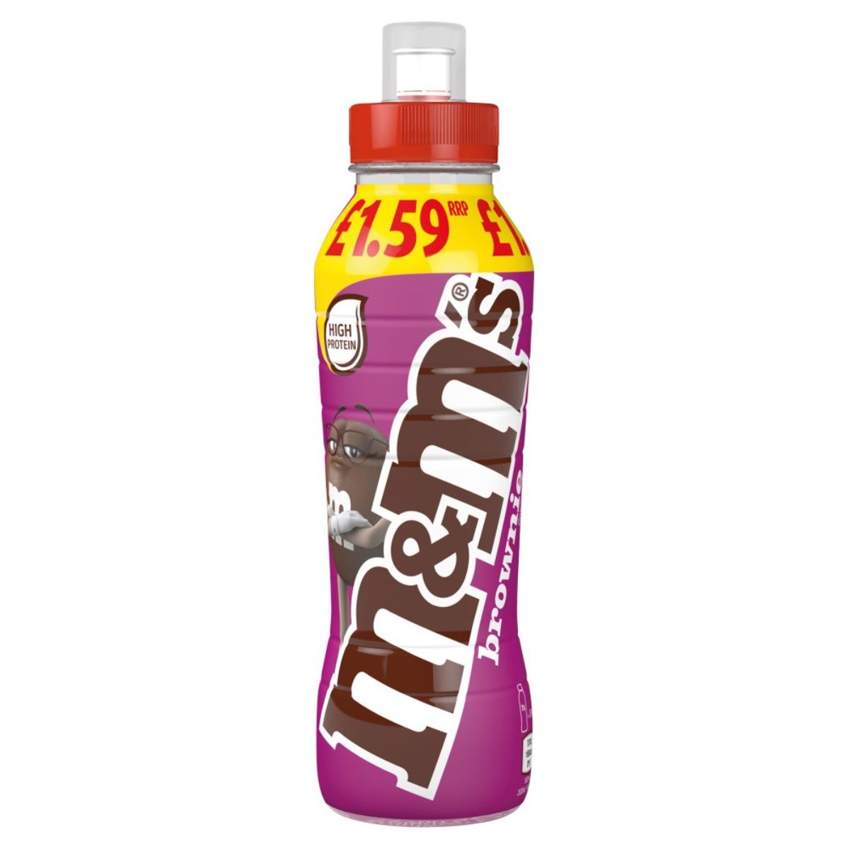 A M&Ms - Chocolate Brownie Milkshake Drink - 350ml with a red cap and a purple label.