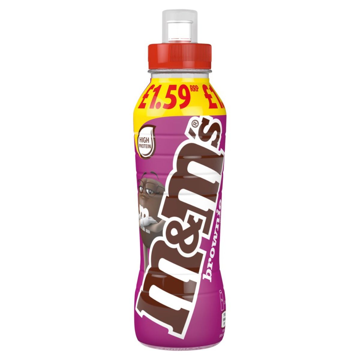 A M&Ms - Chocolate Brownie Milkshake Drink - 350ml with a red cap and a purple label. A M&Ms - Chocolate Brownie Milkshake Drink - 350ml with a red cap and a purple label.