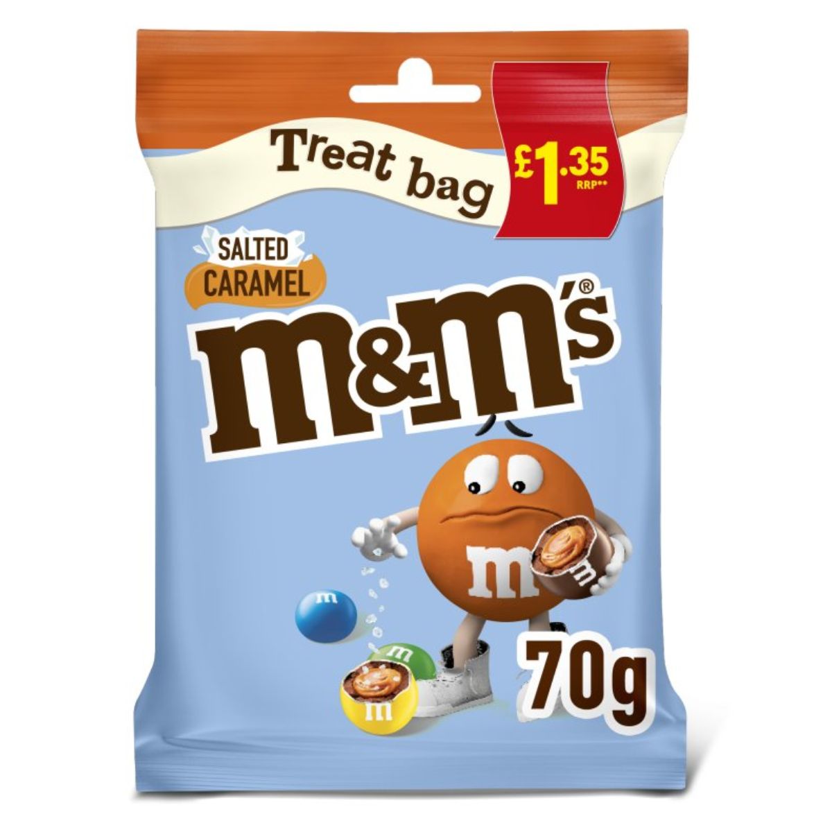 A pack of M&M s - Salted Caramel Milk Chocolate Treat Bag, showing a price tag of £1.35 and a graphic of an m&m character holding a caramel candy, with a 70g label. A pack of M&M s - Salted Caramel Milk Chocolate Treat Bag, showing a price tag of £1.35 and a graphic of an m&m character holding a caramel candy, with a 70g label.