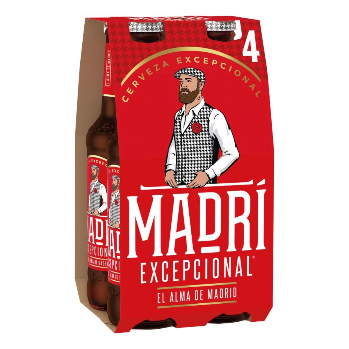 A bottle of Madri Excepcional - Lager (5.9% ABV) - 4 x 330ml with a man in a beard.