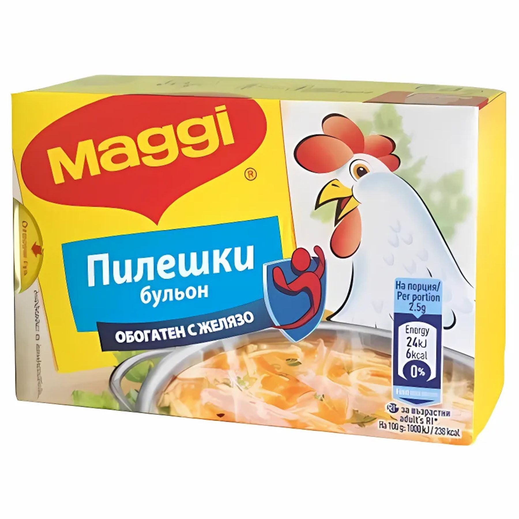 A box of Maggi - Bouillon Chicken Stock Cubes (8 x 10g) with Bulgarian text, featuring a cartoon chicken and a bowl of soup on the packaging. A box of Maggi - Bouillon Chicken Stock Cubes (8 x 10g) with Bulgarian text, featuring a cartoon chicken and a bowl of soup on the packaging.