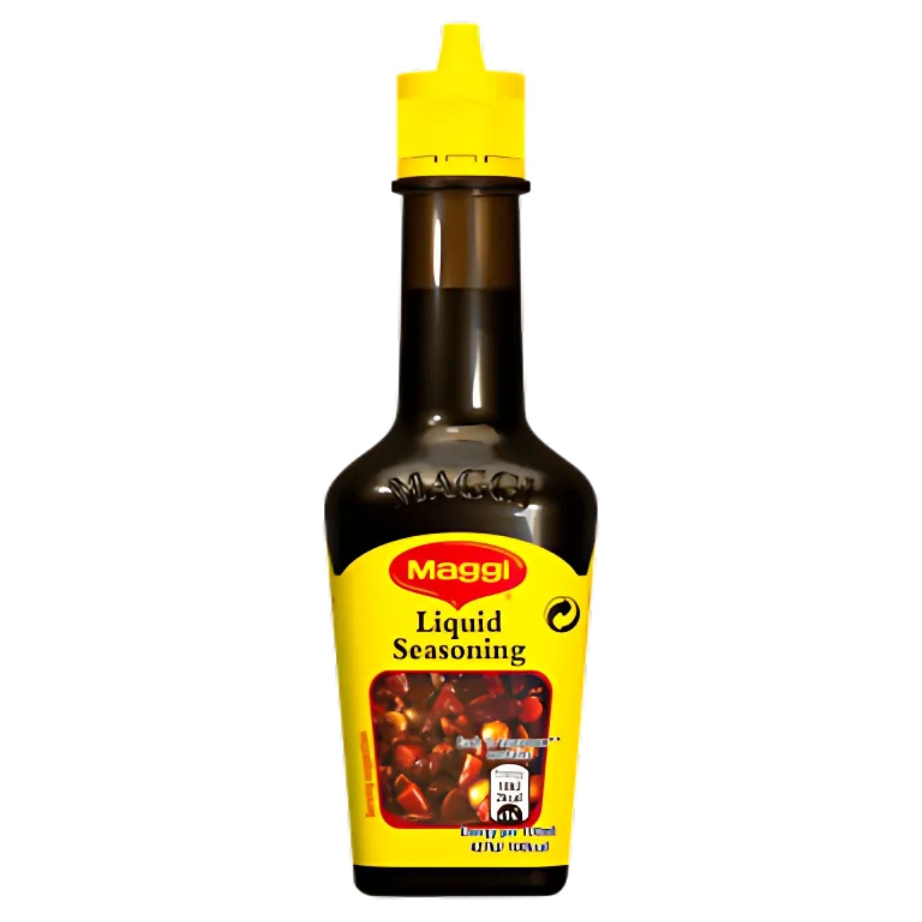 Maggi - Liquid Vegetarian Seasoning - 100ml comes in a bottle with a yellow cap and label, featuring the Maggi logo—ideal for adding rich liquid flavor to vegetarian dishes. Maggi - Liquid Vegetarian Seasoning - 100ml comes in a bottle with a yellow cap and label, featuring the Maggi logo—ideal for adding rich liquid flavor to vegetarian dishes.