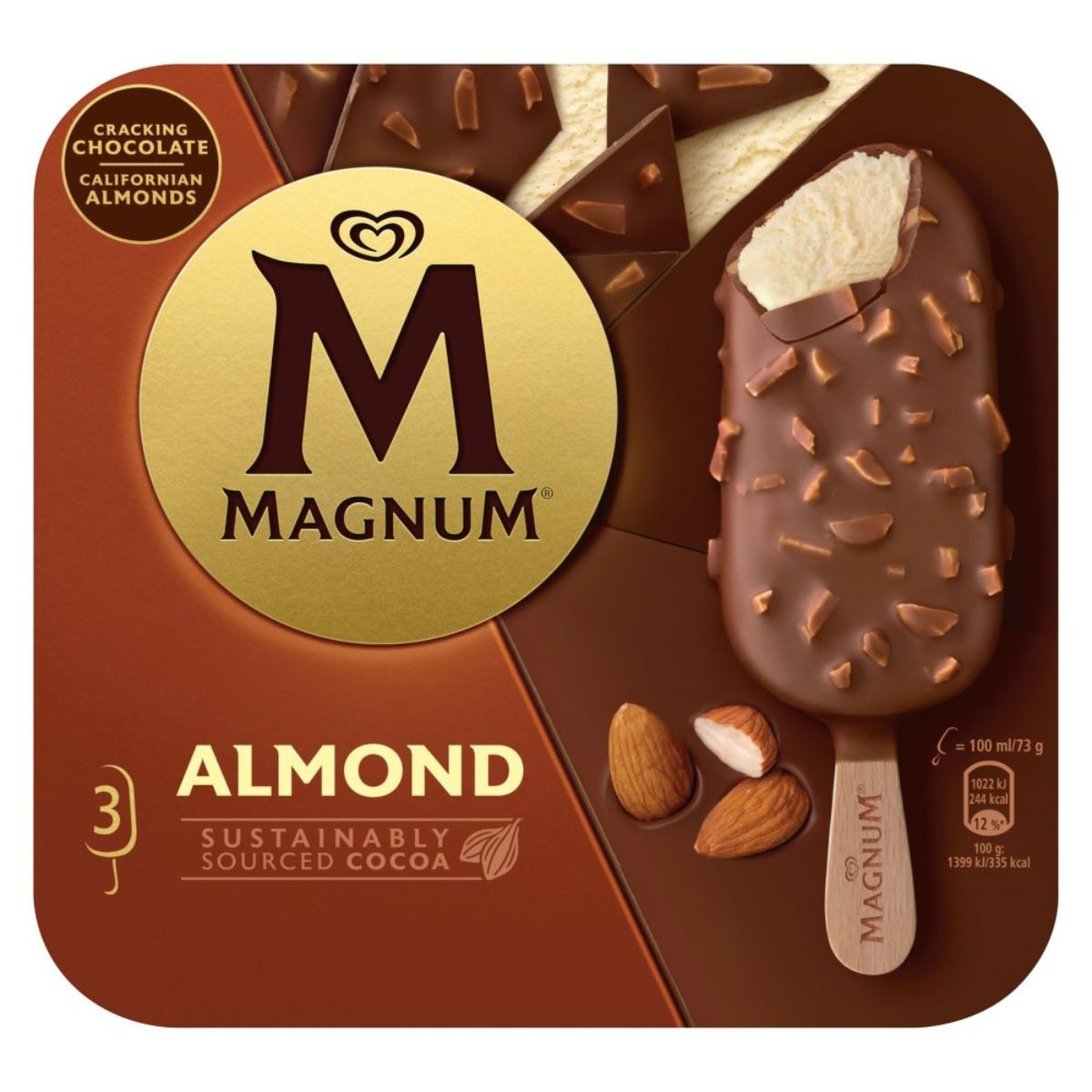 A Magnum Almond Ice Cream Stick with almonds and chocolate pieces showcasing the packaging with logo and nutritional information. A Magnum Almond Ice Cream Stick with almonds and chocolate pieces showcasing the packaging with logo and nutritional information.