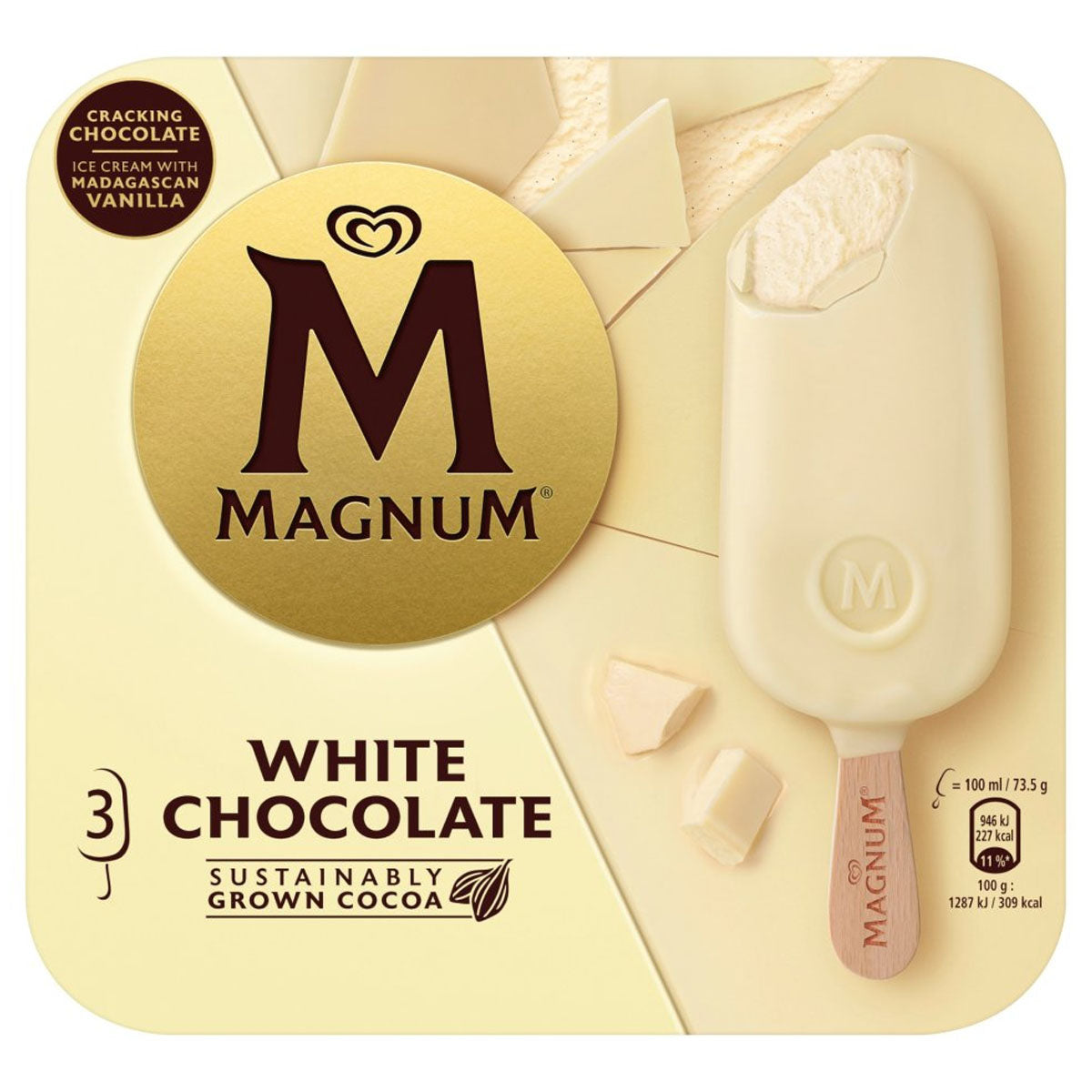 Magnum - Ice Cream Sticks White Chocolate - 3 x 100 ml - Continental Food Store Magnum - Ice Cream Sticks White Chocolate - 3 x 100 ml - Continental Food Store