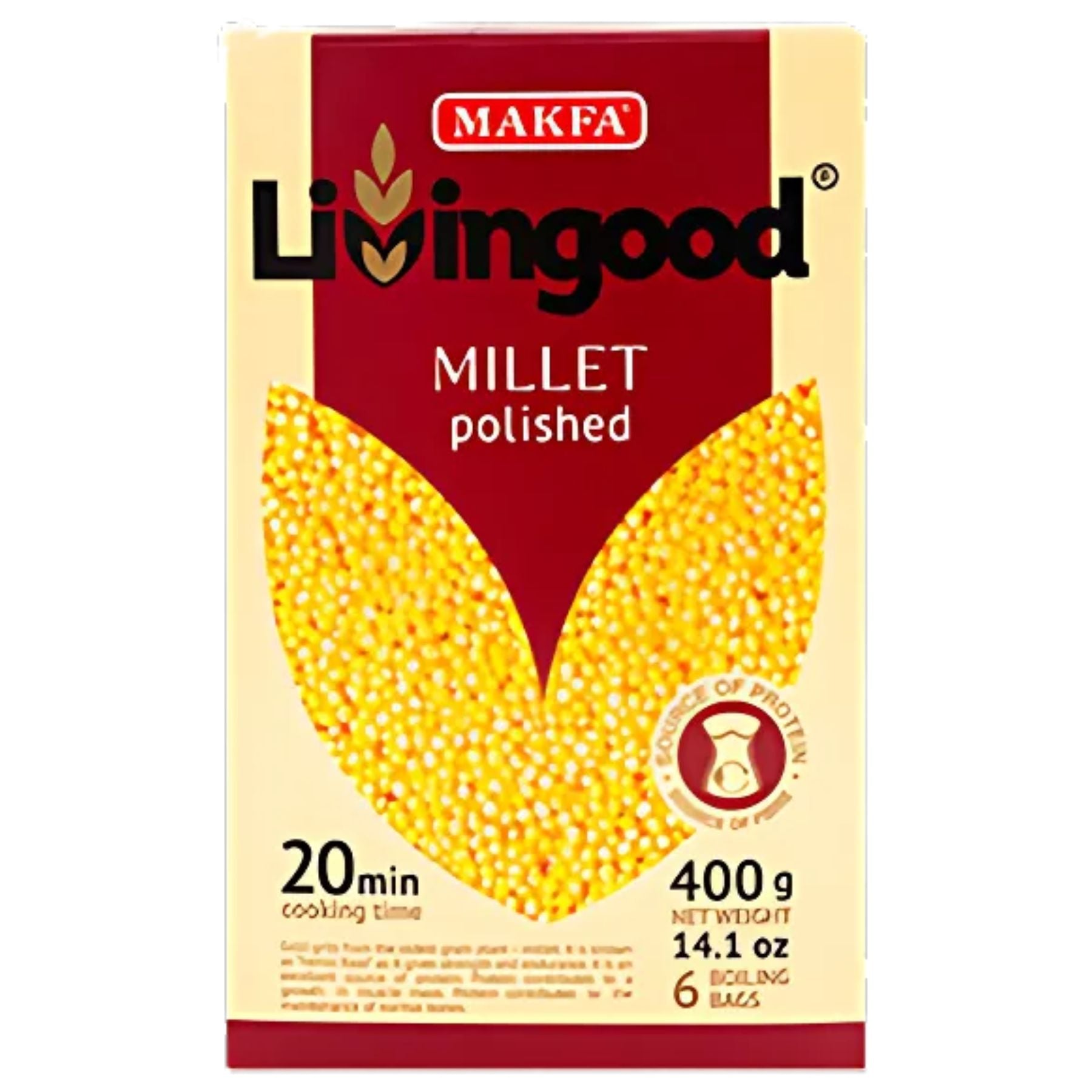 Makfa – Livingood Polished Millet, 400g: yellow millet image on pack, cooks in 20 minutes, includes 6 boiling bags, and is a source of protein. Makfa – Livingood Polished Millet, 400g: yellow millet image on pack, cooks in 20 minutes, includes 6 boiling bags, and is a source of protein.