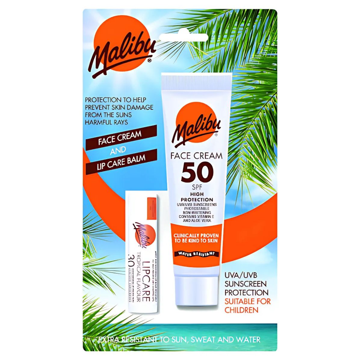Malibu - SPF50 Face Cream + SPF30 Lip Balm provides water-resistant sun protection. Both items come in white and orange packaging and are shown against a tropical palm leaf background. Malibu - SPF50 Face Cream + SPF30 Lip Balm provides water-resistant sun protection. Both items come in white and orange packaging and are shown against a tropical palm leaf background.