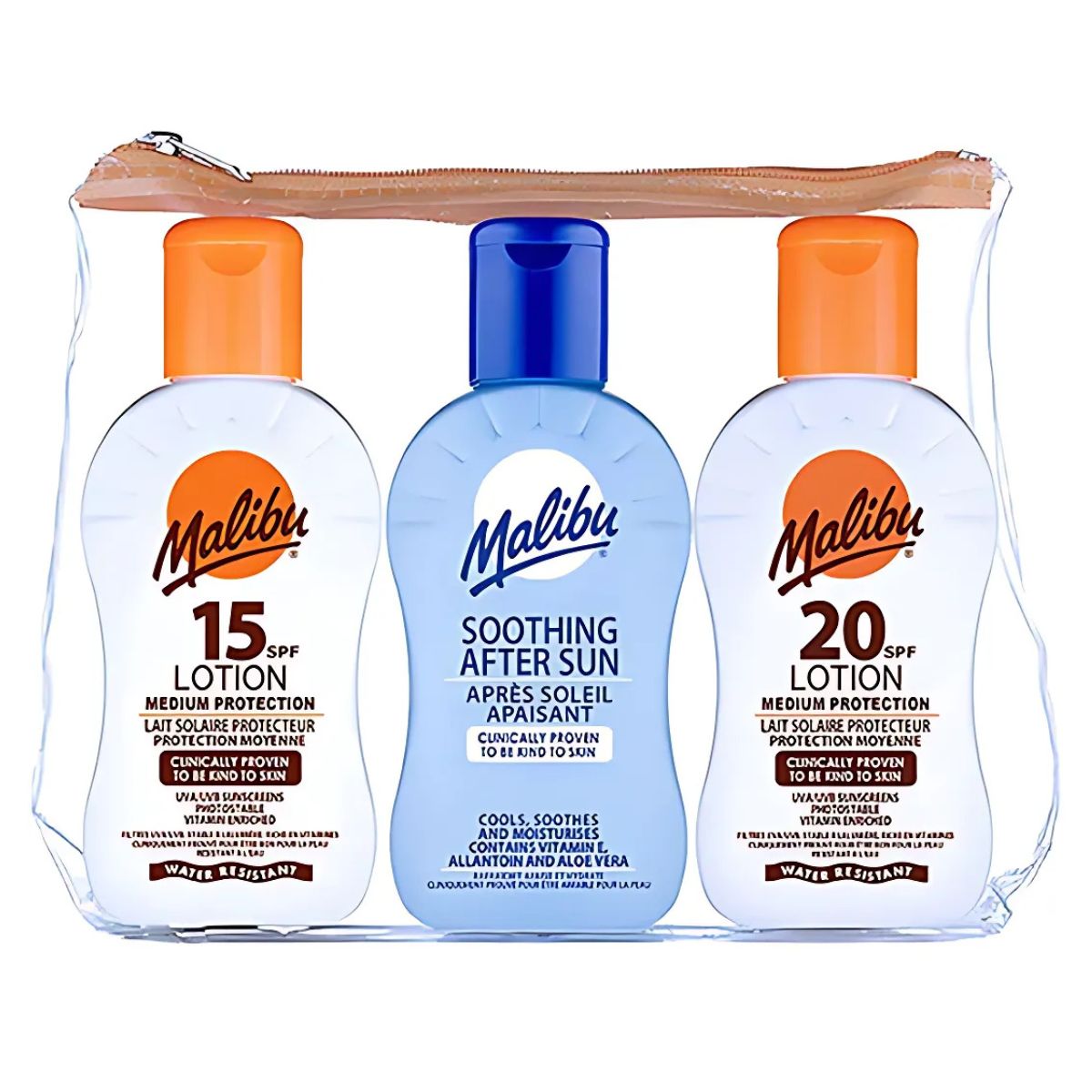 The Malibu Travel Pack includes three 100ml essentials: SPF20 lotion, soothing after sun lotion, and SPF15 lotion—ideal for travel. The Malibu Travel Pack includes three 100ml essentials: SPF20 lotion, soothing after sun lotion, and SPF15 lotion—ideal for travel.