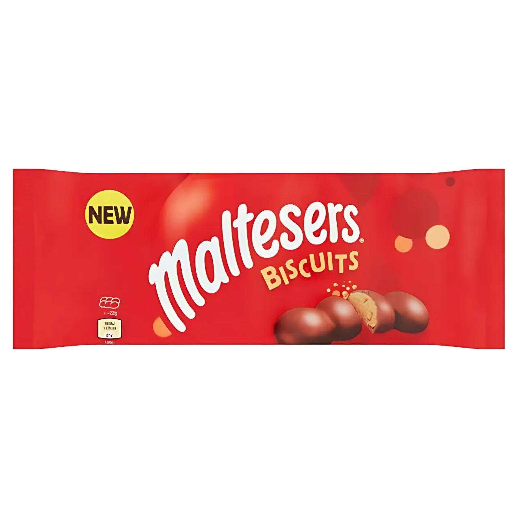 A red 110g Maltesers - Chocolate Biscuits package featuring a "NEW" label, the product name, and images of milk chocolate biscuits with a honeycomb center. A red 110g Maltesers - Chocolate Biscuits package featuring a "NEW" label, the product name, and images of milk chocolate biscuits with a honeycomb center.