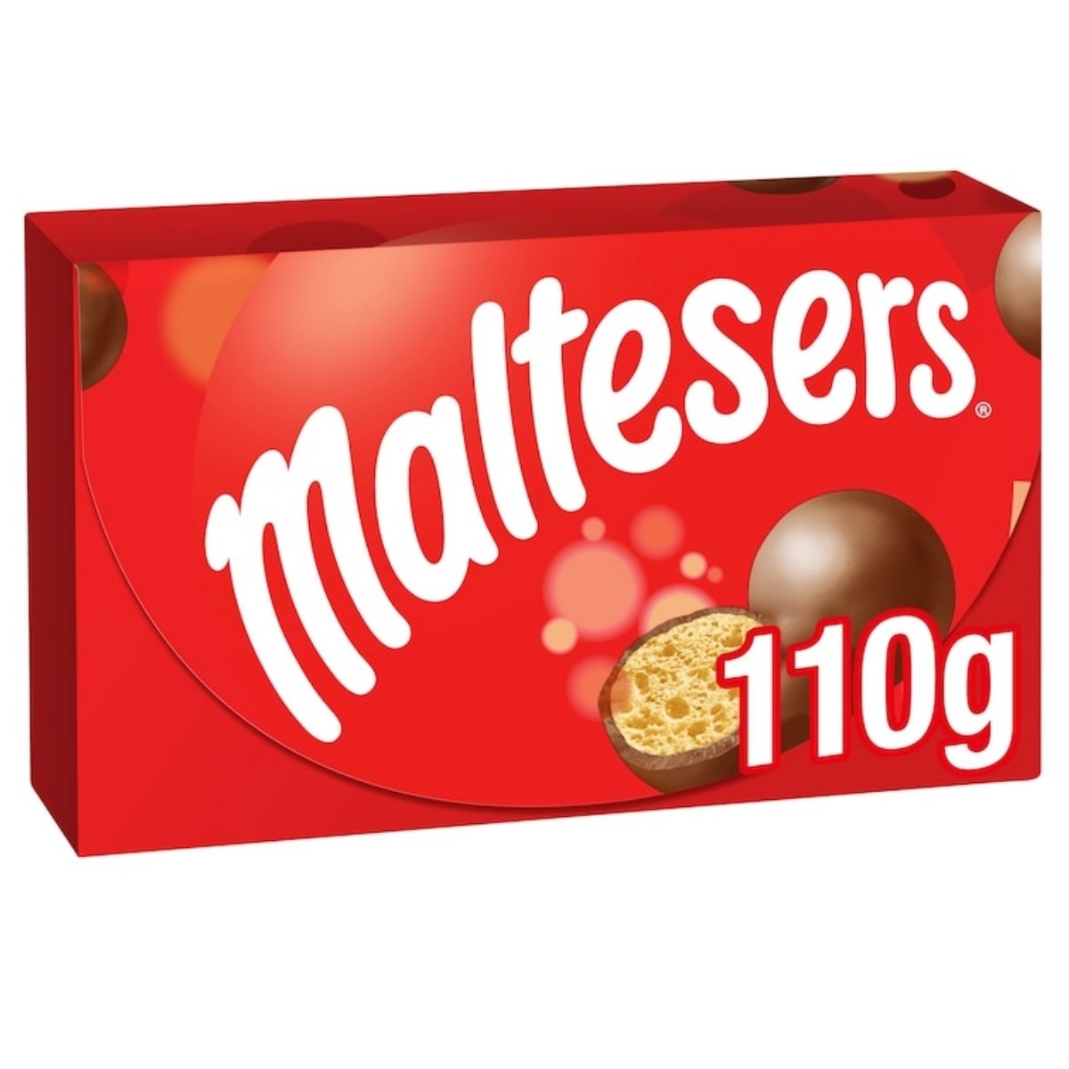 A 110g Maltesers - Milk Chocolate Gift Box Chocolates features milk chocolate candy in a red box, with images of whole and cut-open chocolate balls on the packaging. A 110g Maltesers - Milk Chocolate Gift Box Chocolates features milk chocolate candy in a red box, with images of whole and cut-open chocolate balls on the packaging.