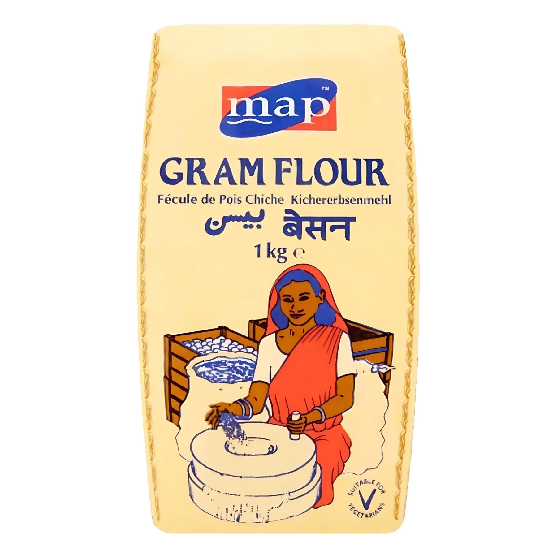 A 1kg pack of Map Gram Flour with a woman grinding grains illustration and multilingual product details. A 1kg pack of Map Gram Flour with a woman grinding grains illustration and multilingual product details.