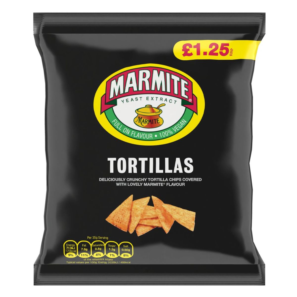 A bag of Marmite - Tortillas - 70g, priced at £1.25, with text stating "deliciously crunchy tortilla chips covered with lovely marmite flavour. A bag of Marmite - Tortillas - 70g, priced at £1.25, with text stating "deliciously crunchy tortilla chips covered with lovely marmite flavour.