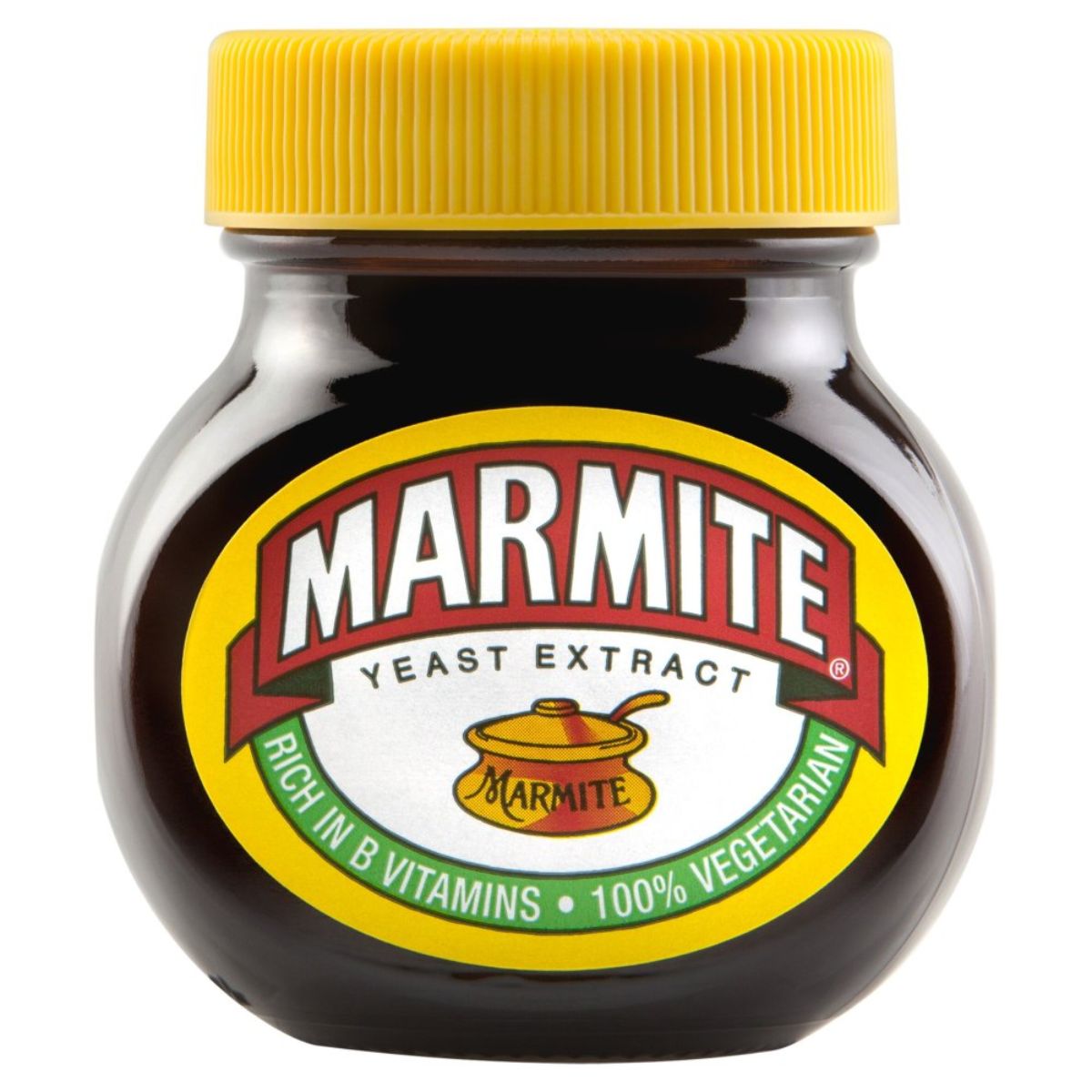 A jar of Marmite - Yeast Extract - 125g spread, emphasizing its richness in b vitamins and 100% vegetarian content.