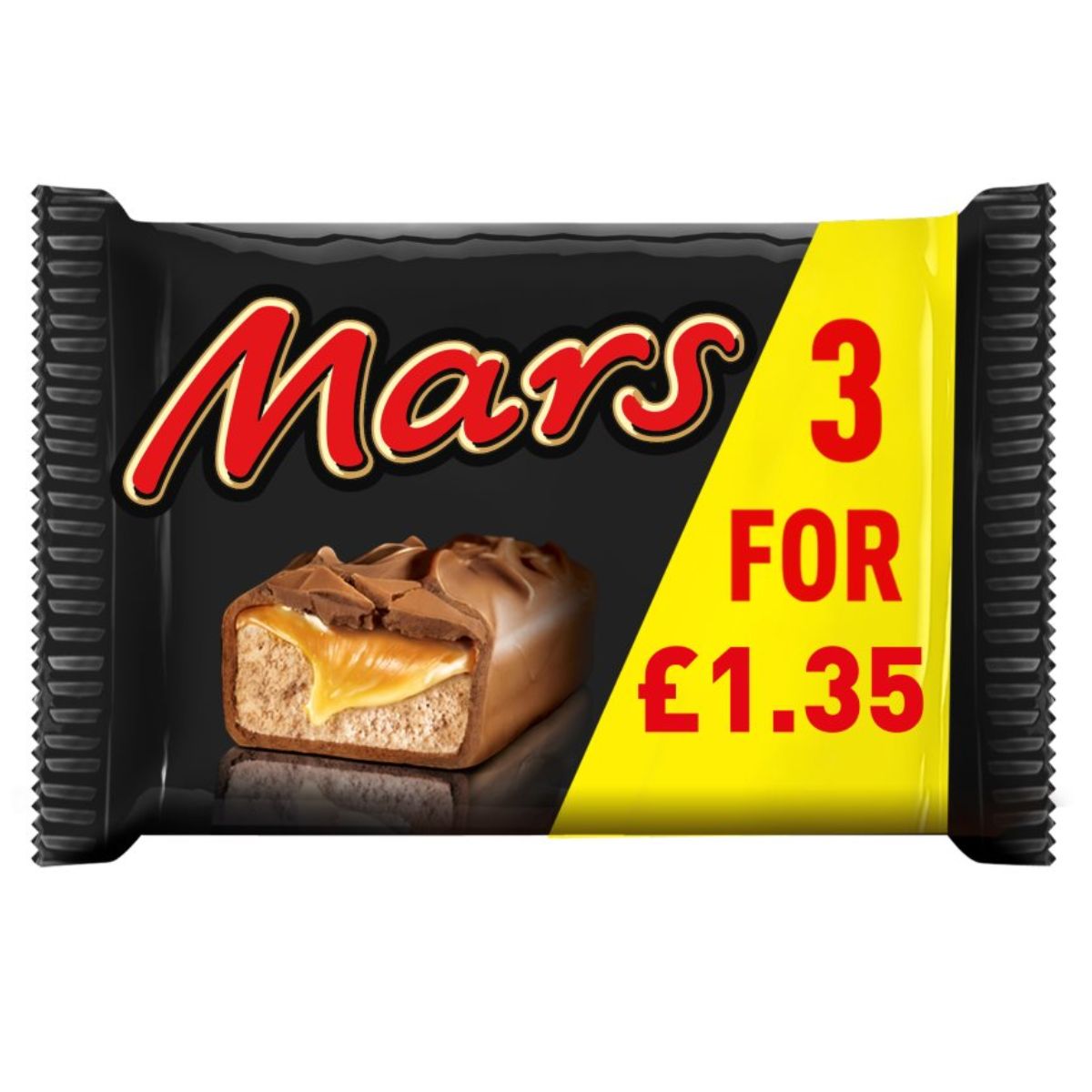 Pack of Mars -Chocolate Snack Bars Multipack - 3 x 39.4g showing a promotional label "3 for £1.35" with a cross-section of the bar revealing caramel and nougat layers.