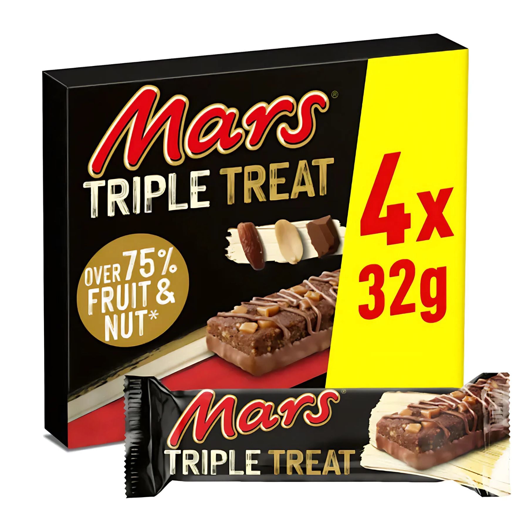 A box of Mars Triple Treat Fruit Nut & Chocolate Bars (4 x 32g), showing "over 75% fruit & nut" on the pack, with one unwrapped bar displayed in front. A box of Mars Triple Treat Fruit Nut & Chocolate Bars (4 x 32g), showing "over 75% fruit & nut" on the pack, with one unwrapped bar displayed in front.