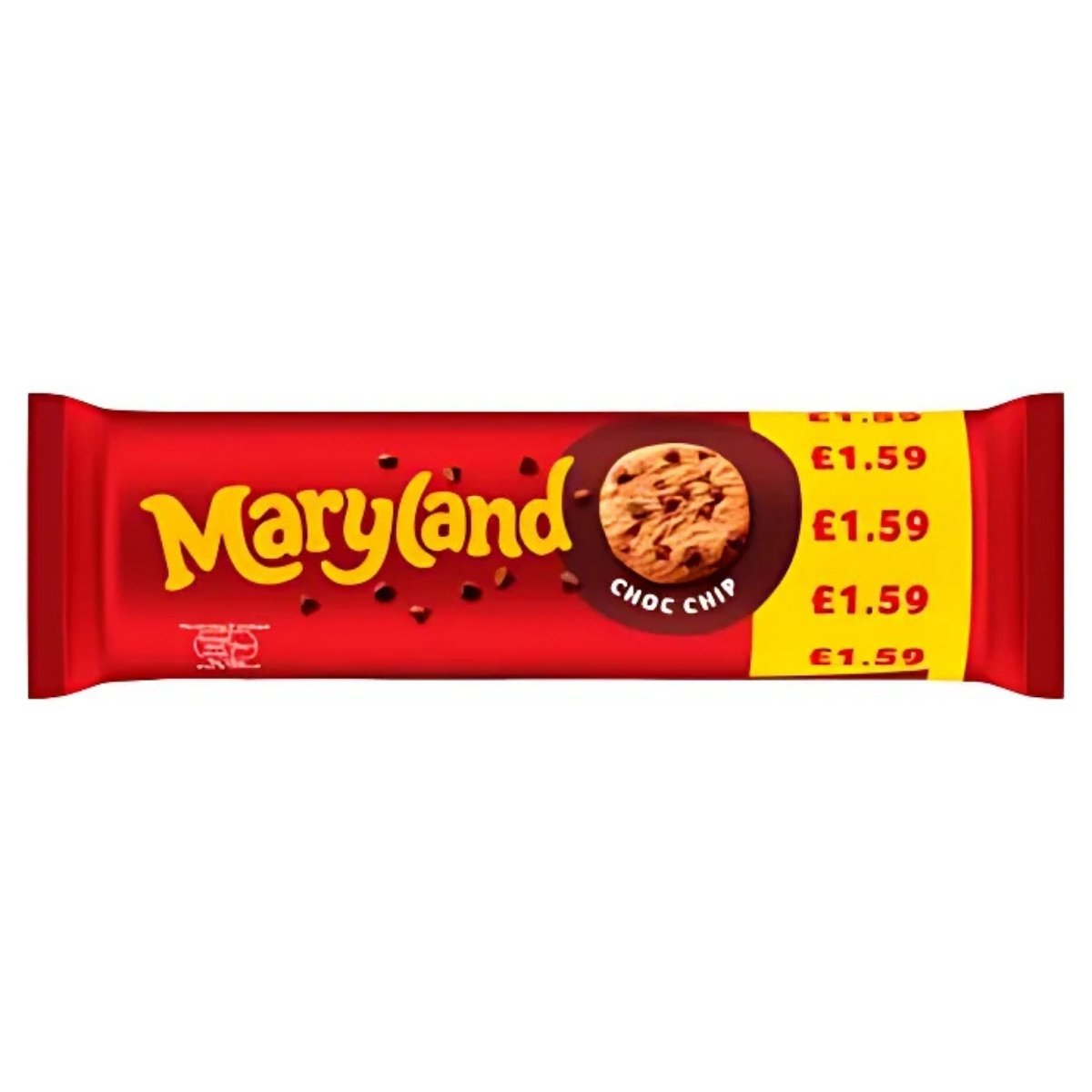 A red and yellow packet of Maryland - Chocolate Chip Cookies - 200g featuring a visible price tag of £1.59. A red and yellow packet of Maryland - Chocolate Chip Cookies - 200g featuring a visible price tag of £1.59.