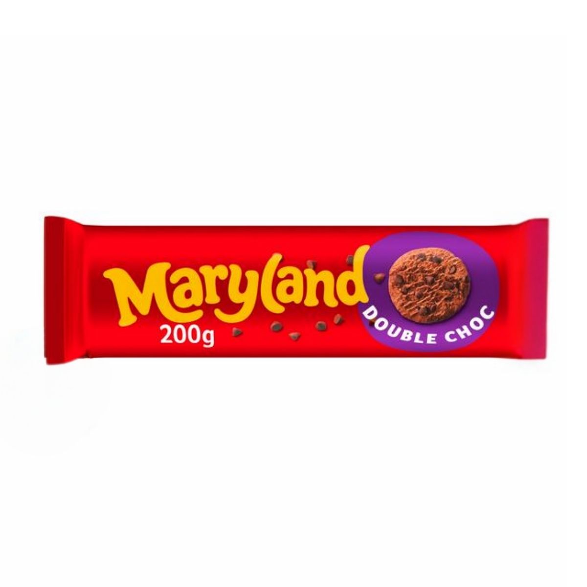 Maryland - Cookies Double Choc, 200g, in a red package featuring an image of delectable double chocolate cookies with crunchy chocolate chips. Maryland - Cookies Double Choc, 200g, in a red package featuring an image of delectable double chocolate cookies with crunchy chocolate chips.