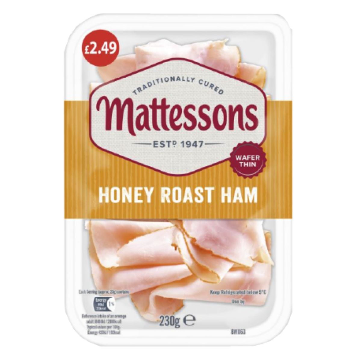 Packaged Mattessons - Wafer Thin Honey Roast Ham - 230g with a price label.